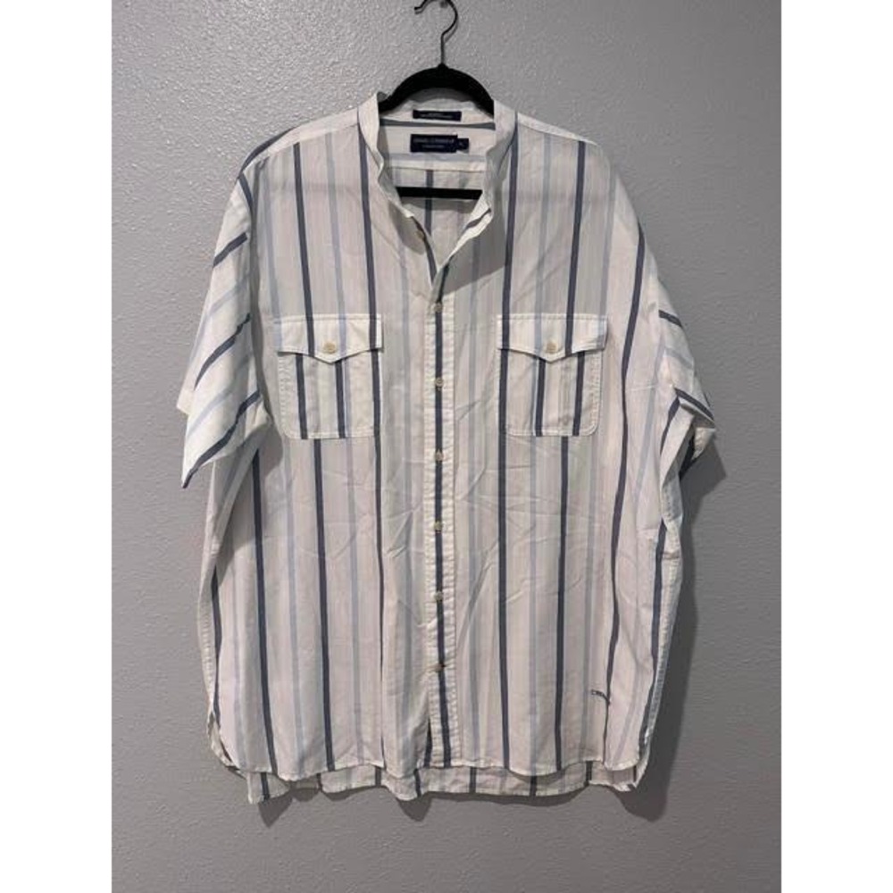 Daniel Cremieux Collection Mens XL Blue White Striped Mandarin Collar Shirt